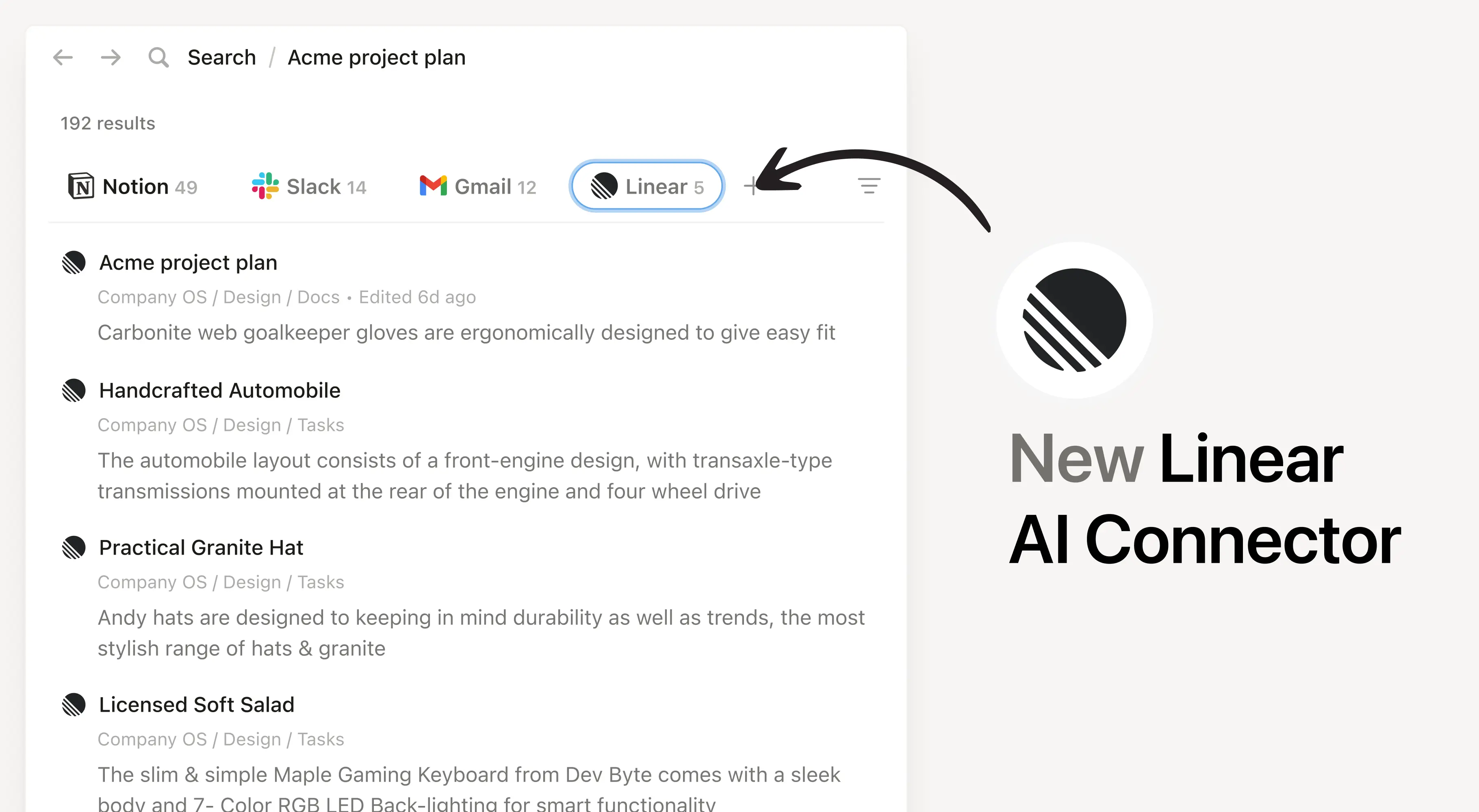 Search Linear projects, issues, and comments from Notion