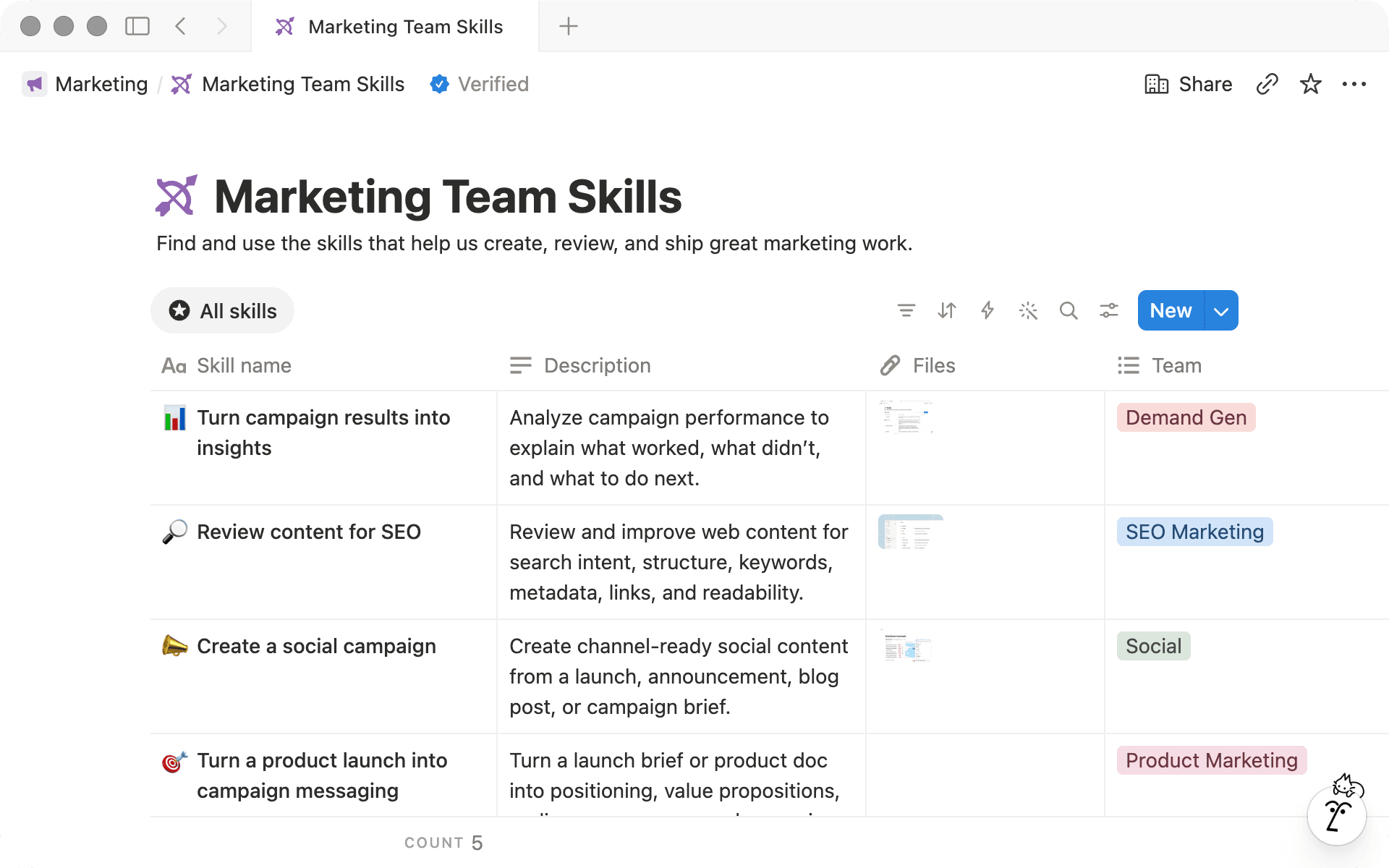 Every skill includes Description, Files, and Tags by default. Add other properties to help your team organize and manage them.