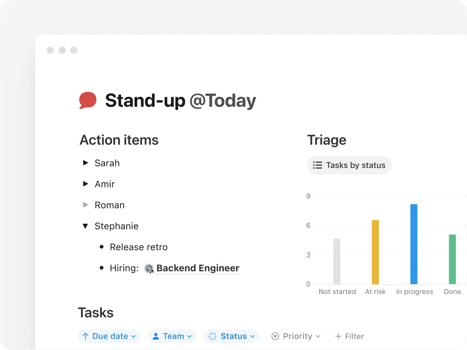 Notion page with action items, charts, and tasks