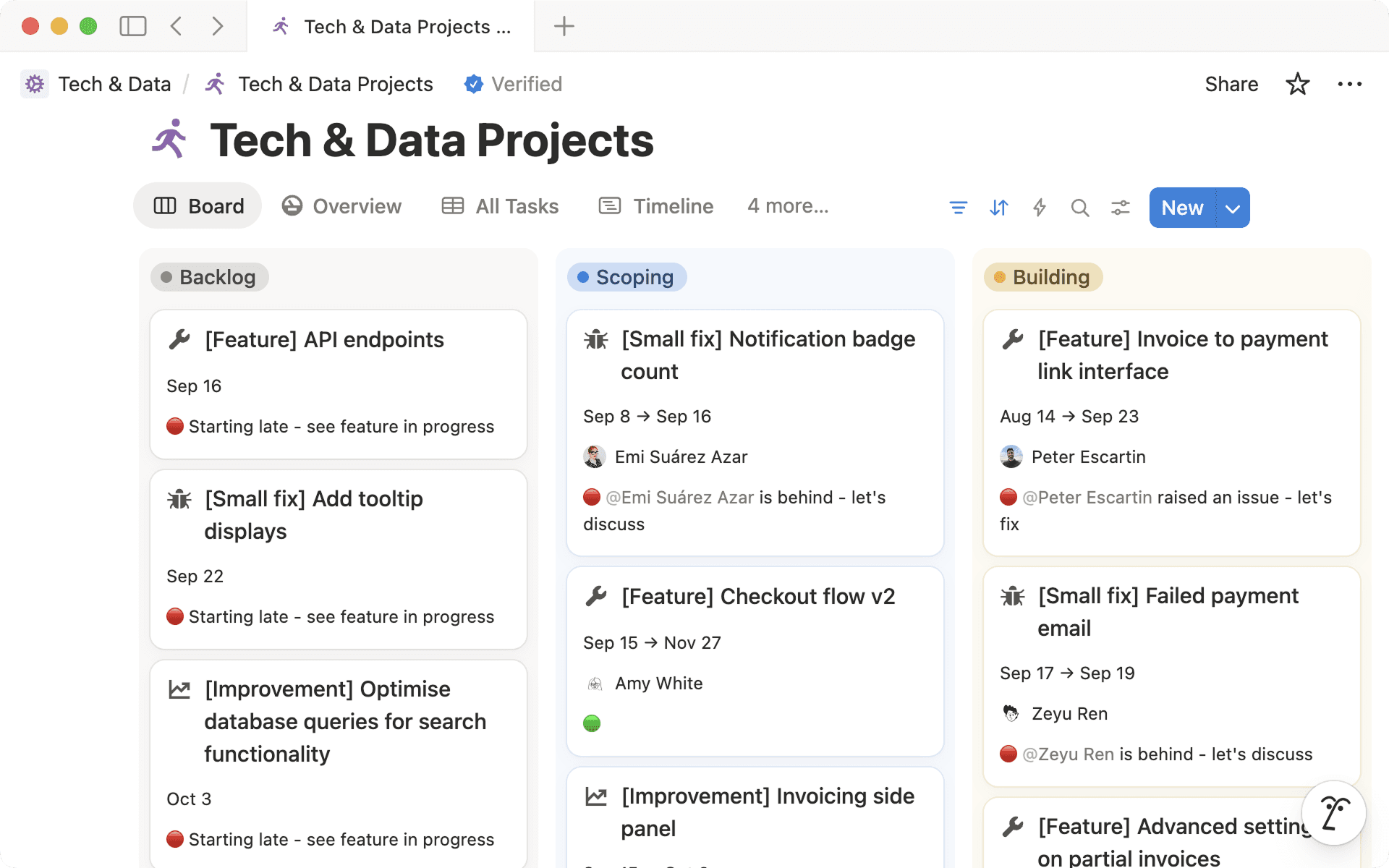 Qonto erstellt Kanban-Boards wie dieses in Notion-Datenbanken, um eine strukturierte und transparente Planung zu unterstützen.