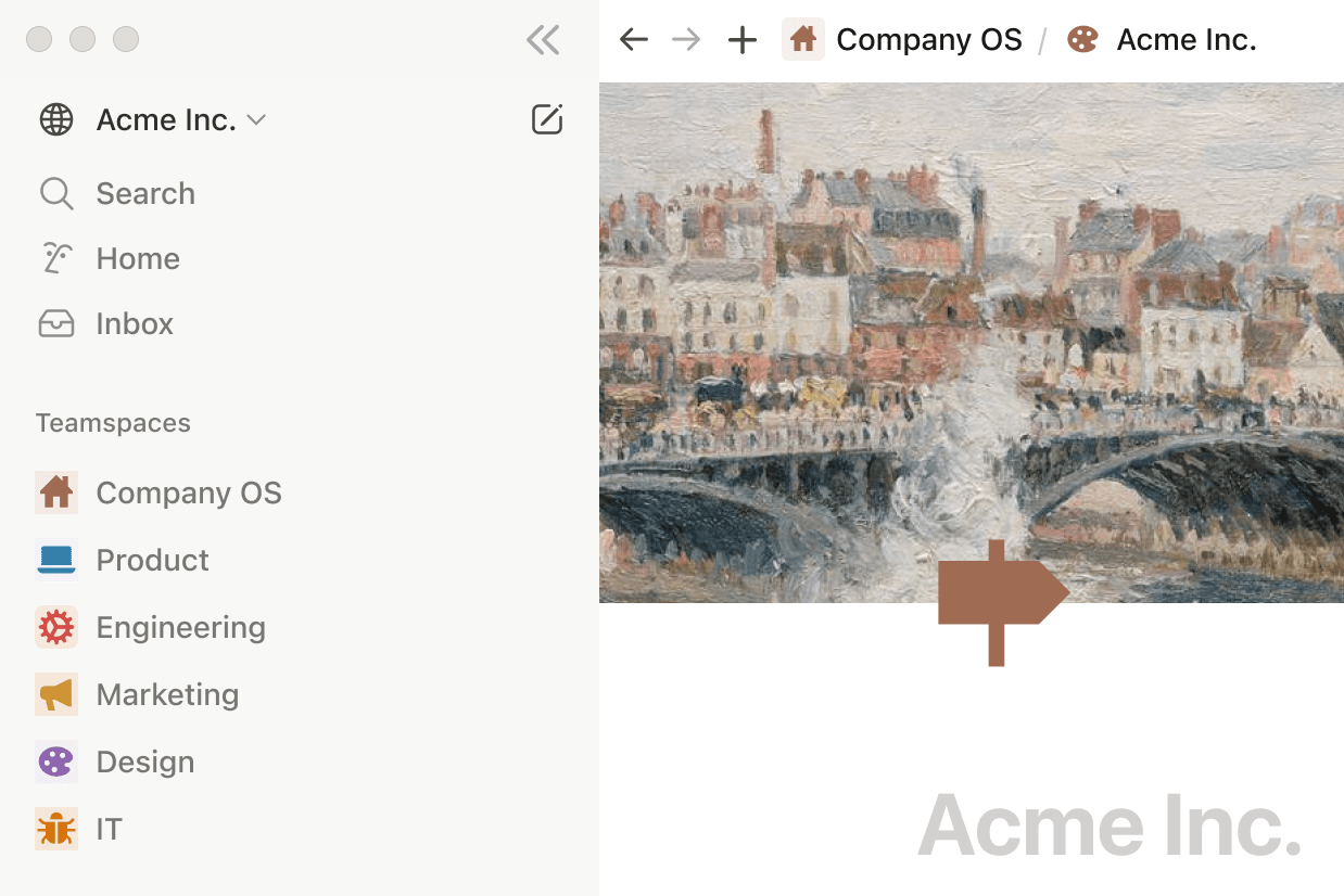 Notion sidebar showing Company OS and Product team workspaces