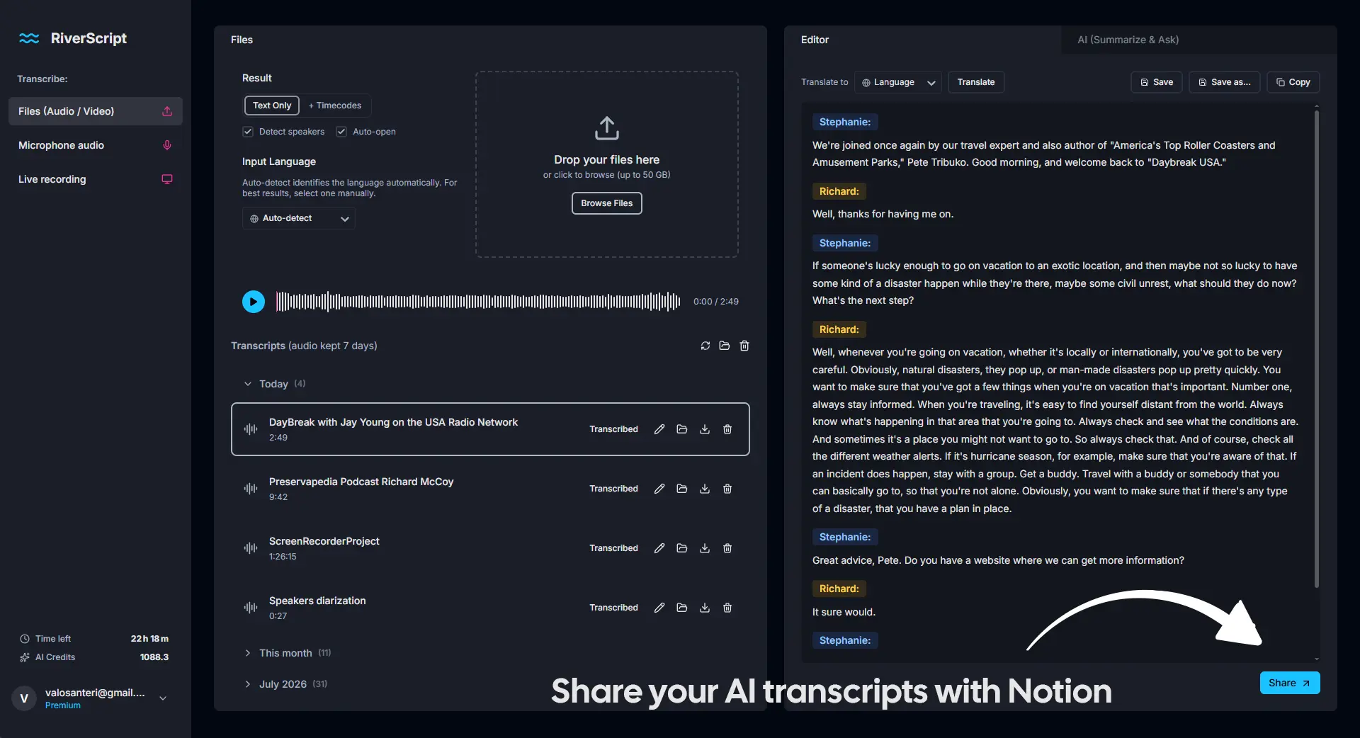 Save transcripts from RiverScript as Notion pages